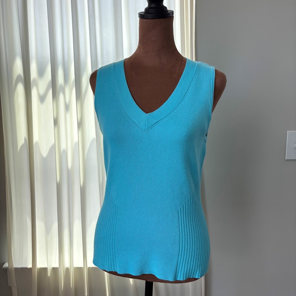 90s Vintage Jeanne Pierre Knit Tank Sweater S Blue V Neck Ribbed Preppy Fairy - Picture 2 of 11